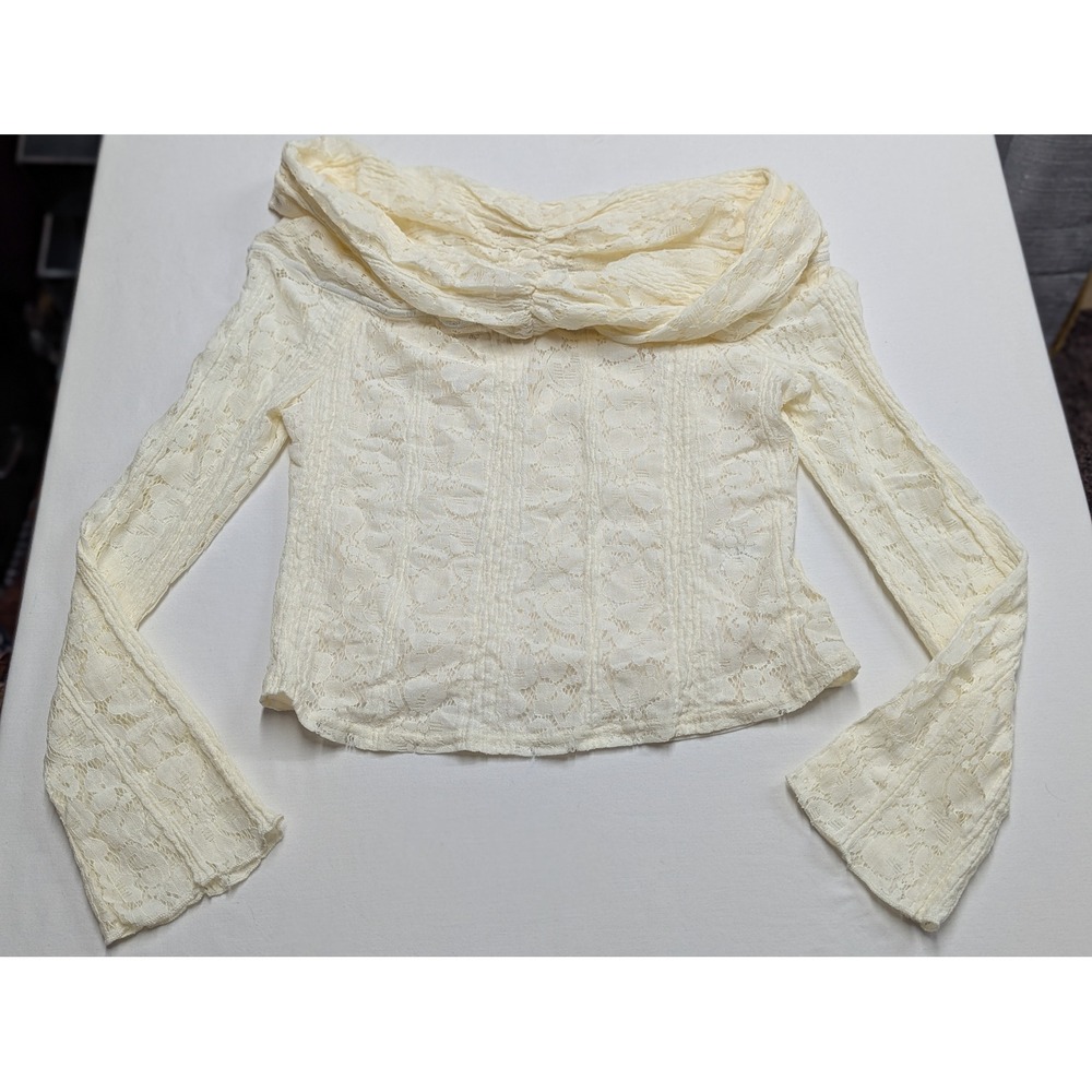 FORE Women Cream Floral Lace Off Shoulder Bell Sleeve Crop Top TI6347FO Large